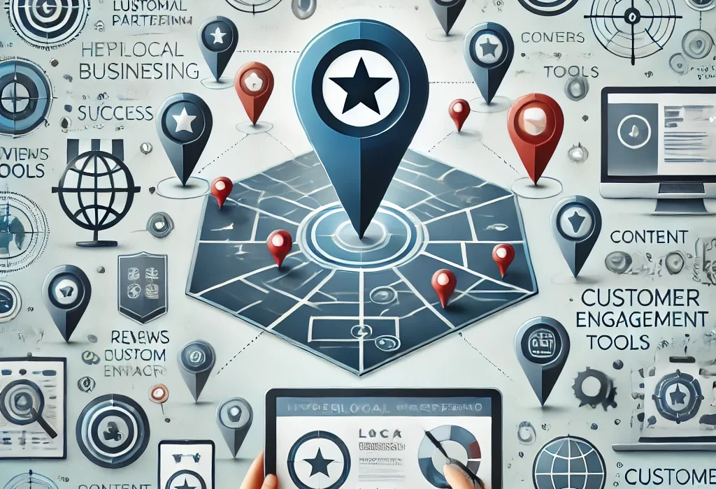 A central map or pin icon symbolizing local targeting