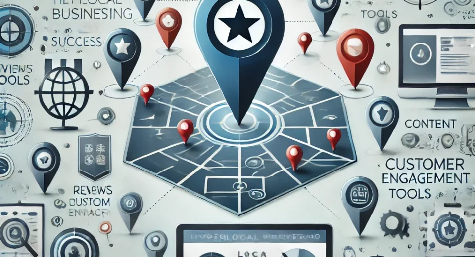 A central map or pin icon symbolizing local targeting